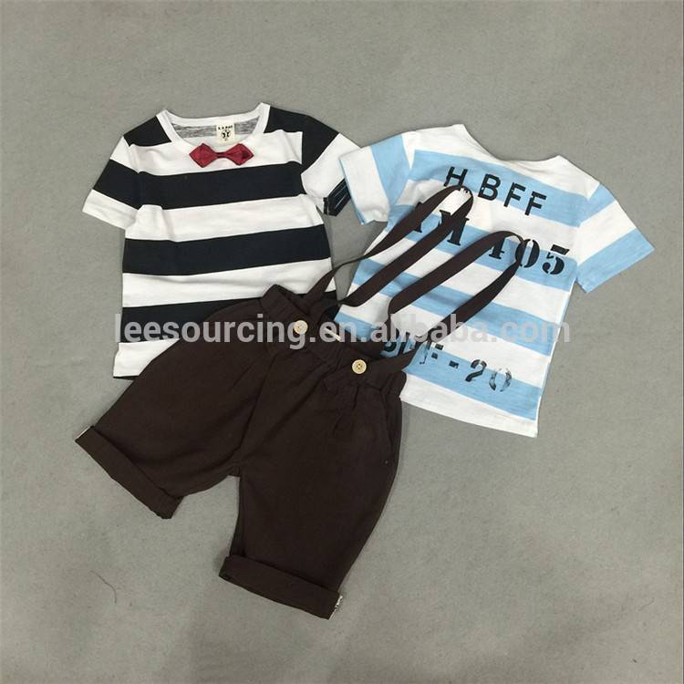 Hot dijual 2 pcs musim panas bayi laki-laki pakaian set dengan stripe t shirt dan celana suspender