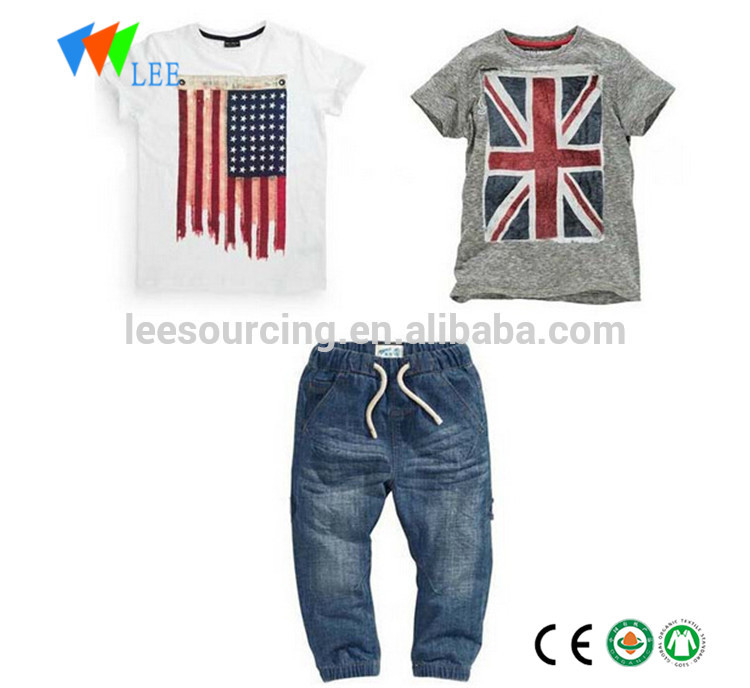 Amerikansk stil tryckt t-shirts med denim jean högkvalitativ import babykläder china