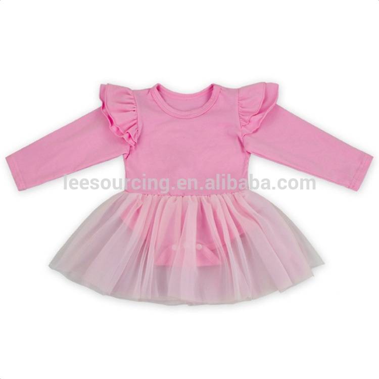 Baby girls pink 2 pcs clothes set wholesale cotton long ruffle sleeve tutu romper dress boutique clothing