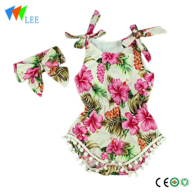 HOT SALE 100% cotton summer new baby romper with hair band flounce