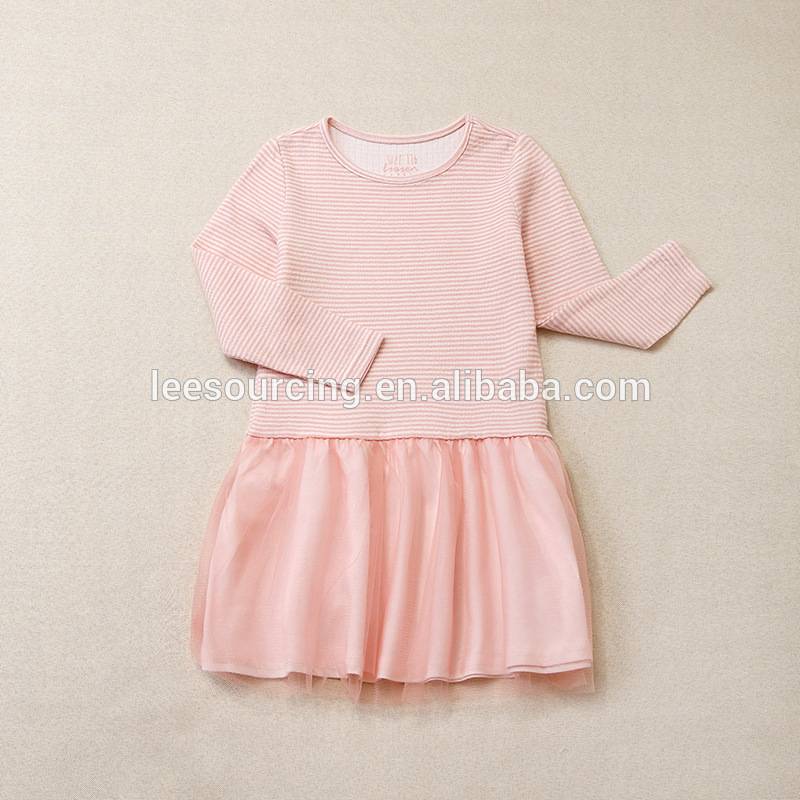 New designs pink long sleeve stripe cotton baby girls tulle tutu dress