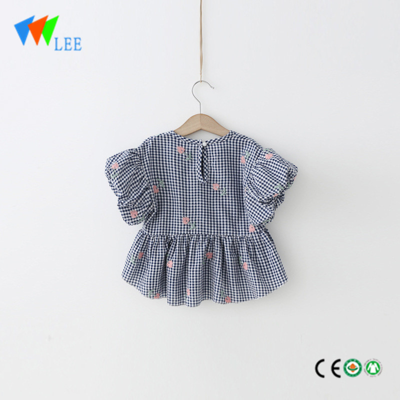kids little girls embroidery blouse with square lattice summer