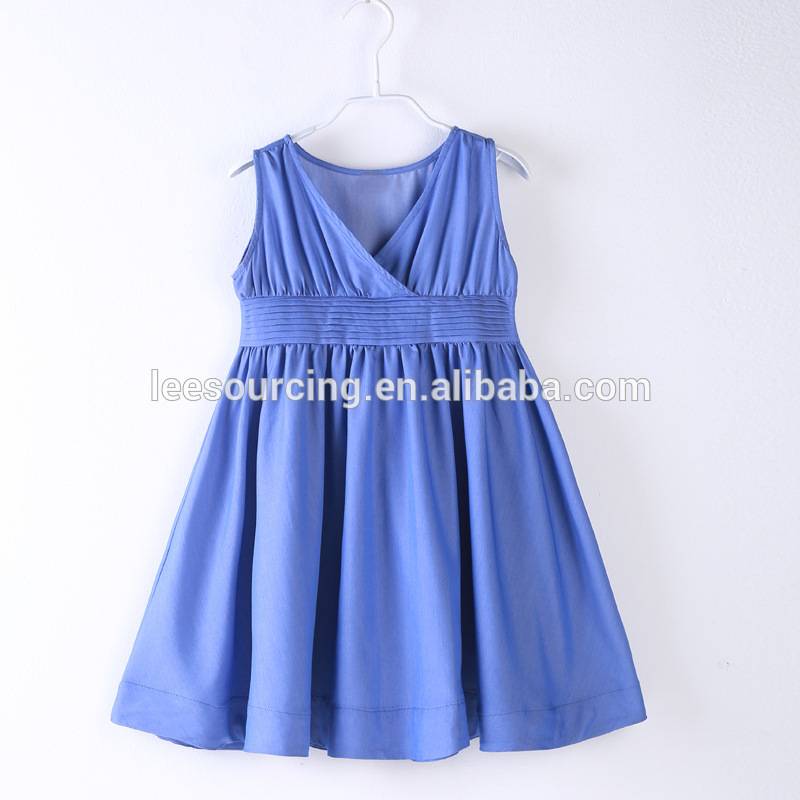 Elegant summer pleated blue v neck kids girl daily wear one piece dress