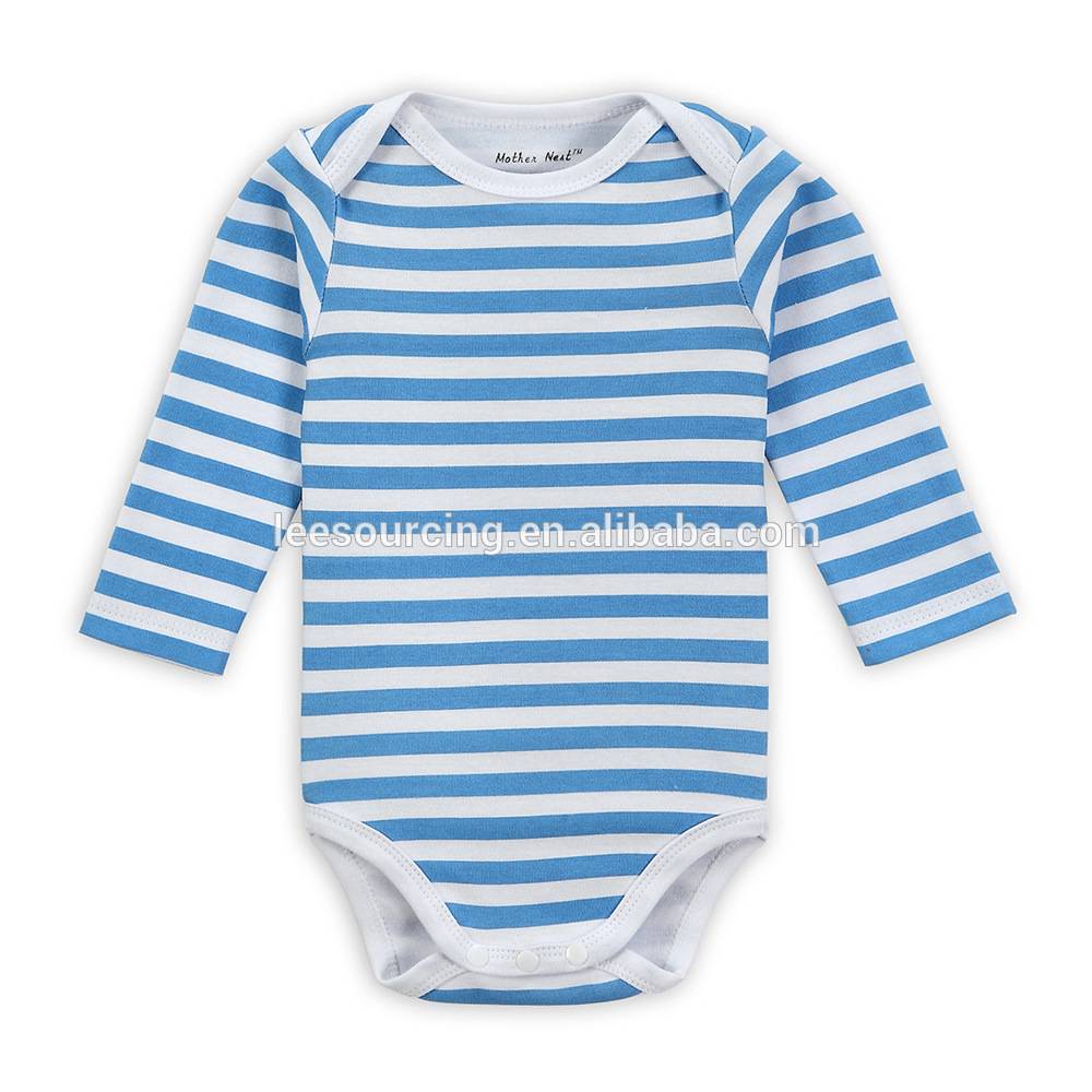 Mameluco del algodón del bebé recién nacido triángulo de manga larga rayas azules y blancas mameluco conjunto, mono del bebé al por mayor
