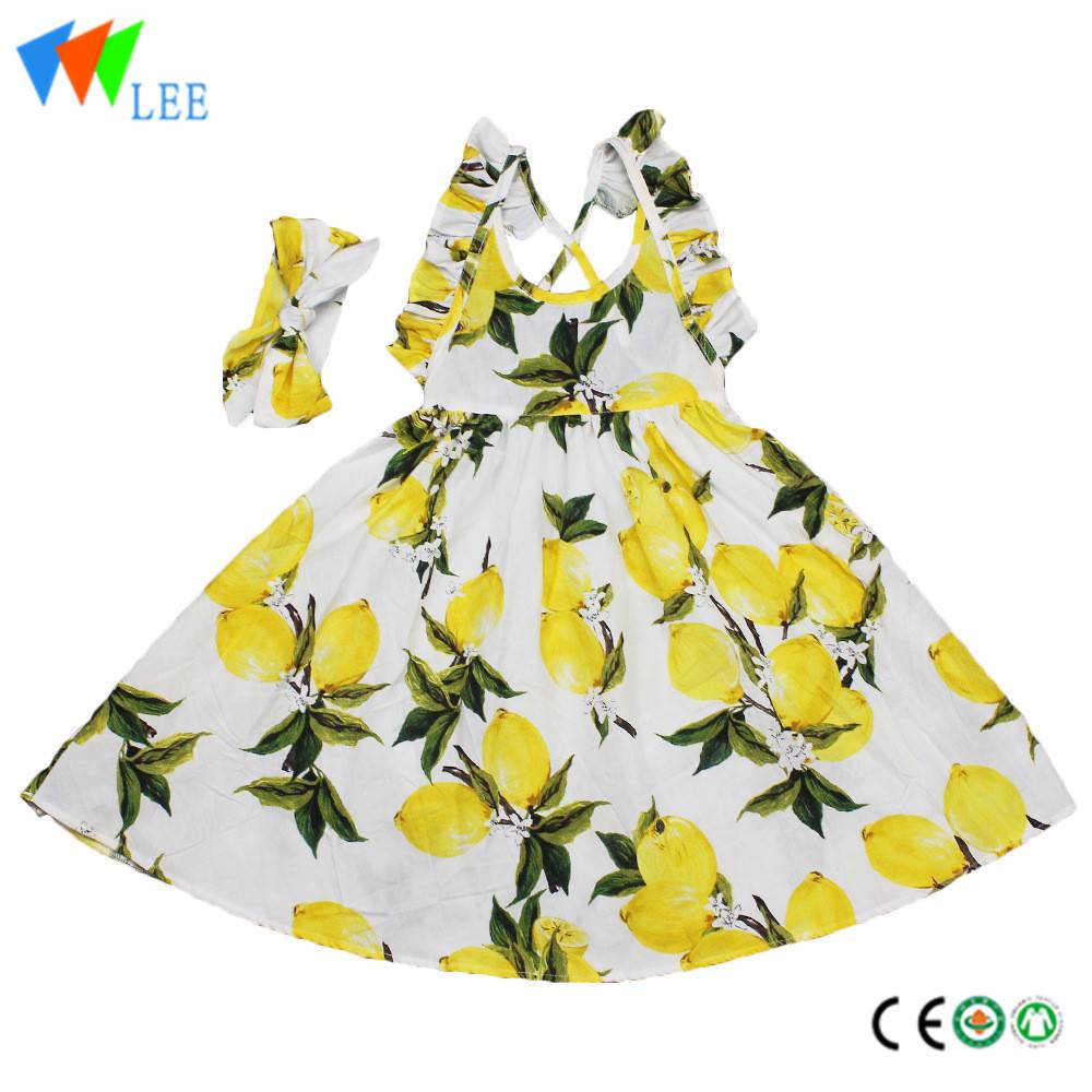 Hot sale 100% cotton one piece dress summer with hair band and flounce printed floral LOVELY