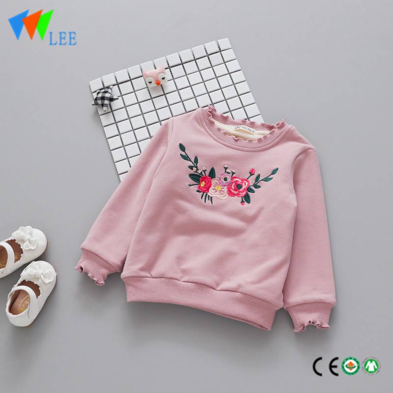 100% cotton kids long sleeve t shirt fleece round collar embroidered with lace