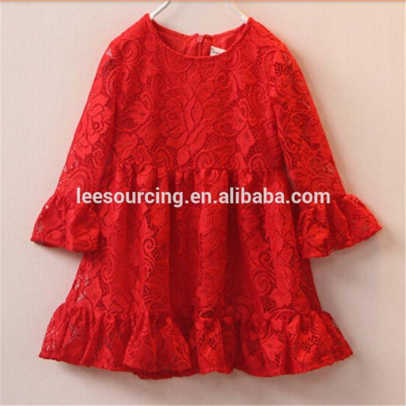 Hot Selling Hollow Red Flower Soft Lace Children Girl Dress
