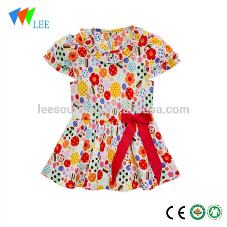 floral print summer ruffle short sleeve kids clothes girls dresses baby with bowknot
