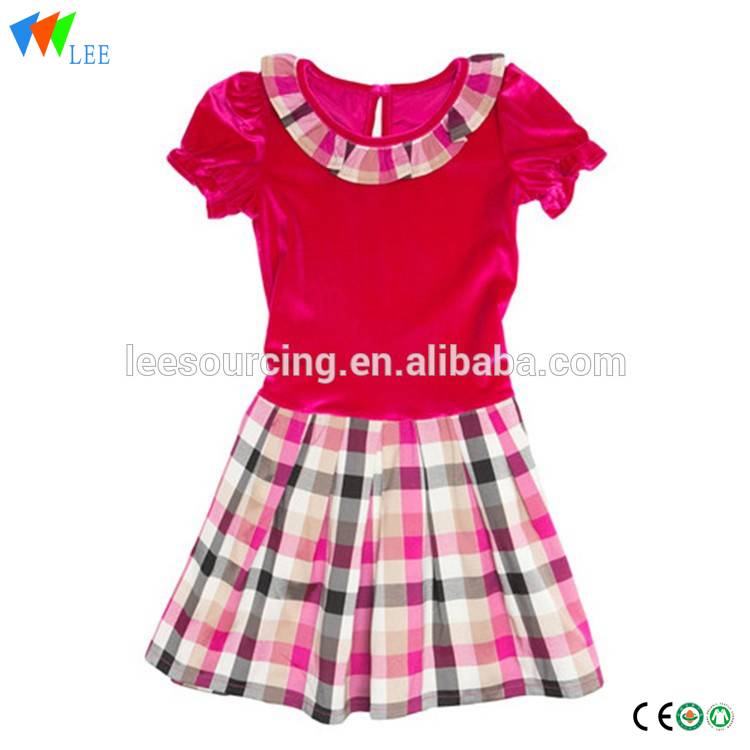 Kids hot pink velvet ruffle dress Children check uniform dress