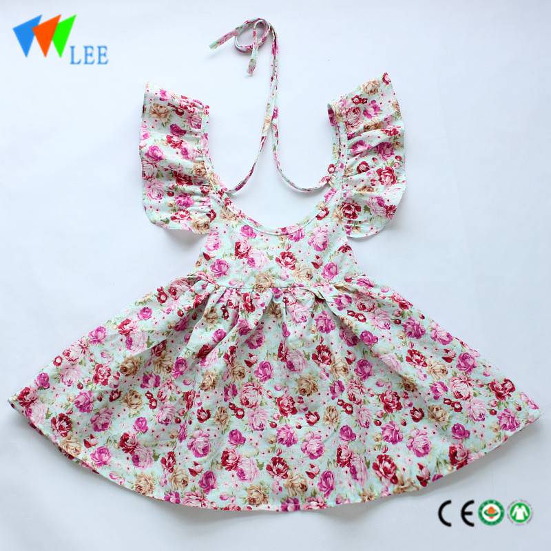 100% cotton summer fashion girl dress with flounce and printed floral