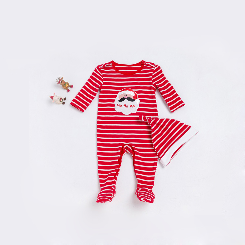 Wholesale Infant onesie breide Stripe Jumpsuits Christmas toddler rompers mei hoed