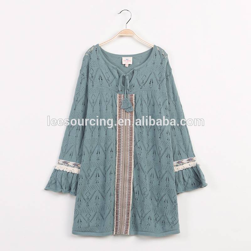 Boutique casual teenager spring autumn short sleeve o neck knit ruffle dress for baby girls wholesale