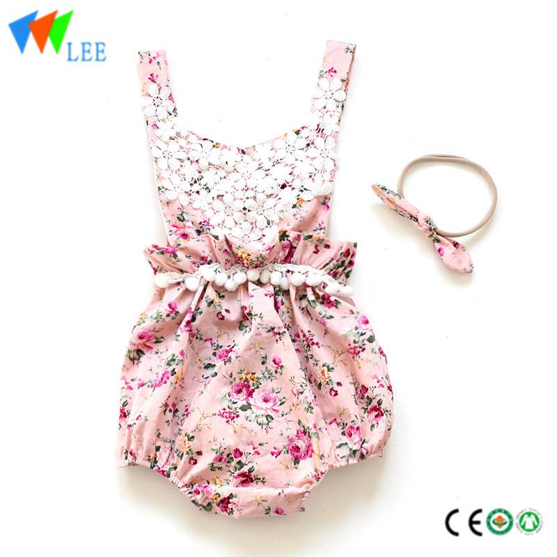 100% cotton summer oem baby romper with hair band flounce printed floral