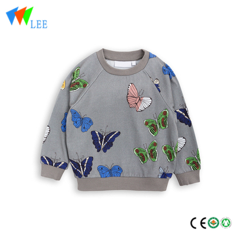 100% cotton kids long sleeve t shirt fleece round collar print butterfly