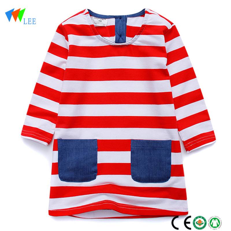 Red and white stripe lovely children long sleeve dress stripe cotton baby modern baby dress