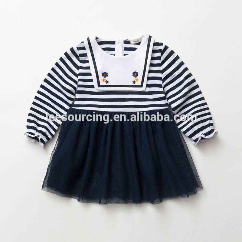 Beautiful stripe mix fabric stripe long sleeve baby girl tulle dress