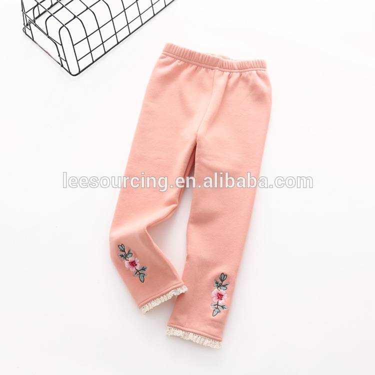 Winter solid color embroidery fleece leggings for kids girls
