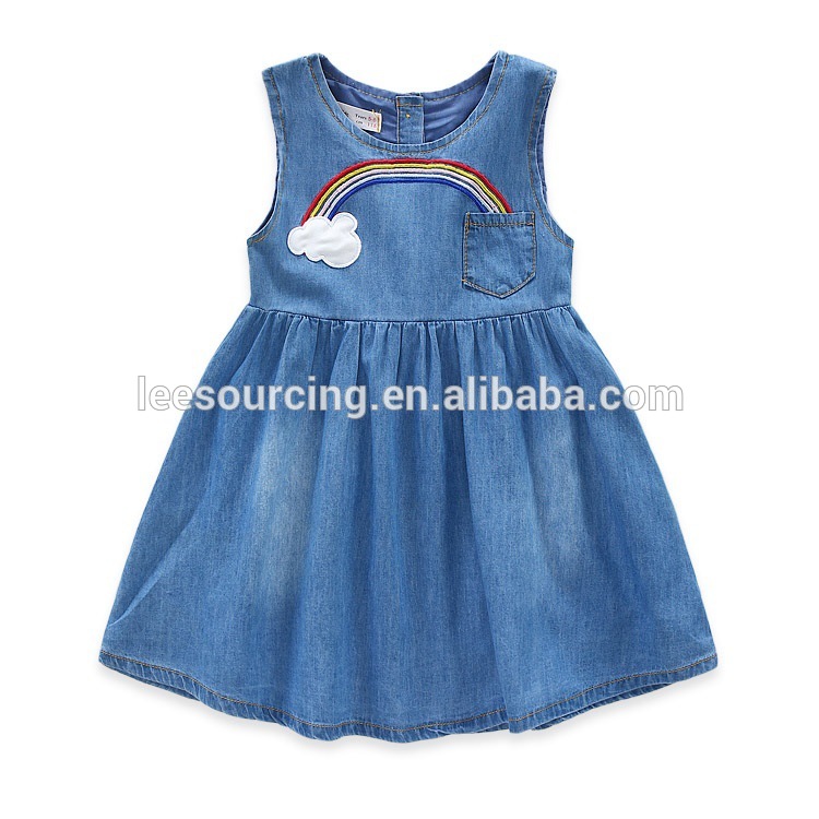 New design sleeveless rainbow baby girl denim dresses