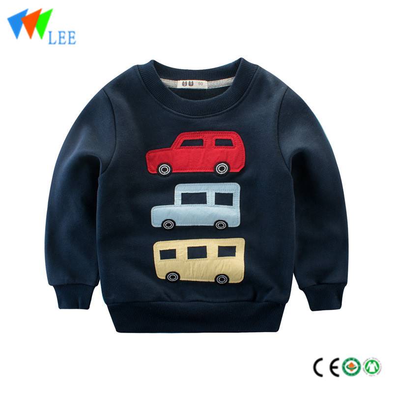 100% cotton kids long sleeve t shirt fleece round collar embroidered car