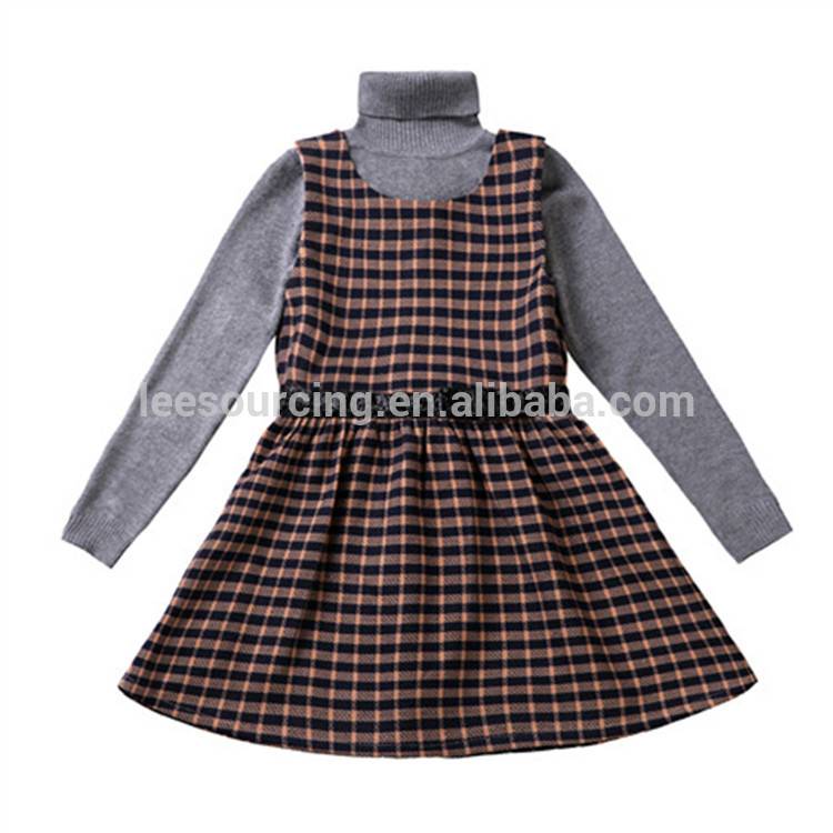 Boutique sleeveless girls check dress with knitted sweater for winter 2 piece clothing sets