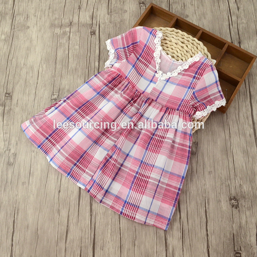 Summer wholesale v-neck plaid cotton kids clothes girls dresses baby