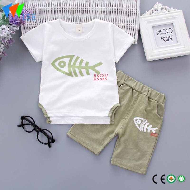 100%cotton baby boy clothes set summer short sleeve and shorts printed fishbone
