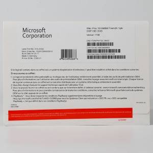 Microsoft Win 10 Pro 64bit versión OEM en francés con contrasinal de activación Serial en liña