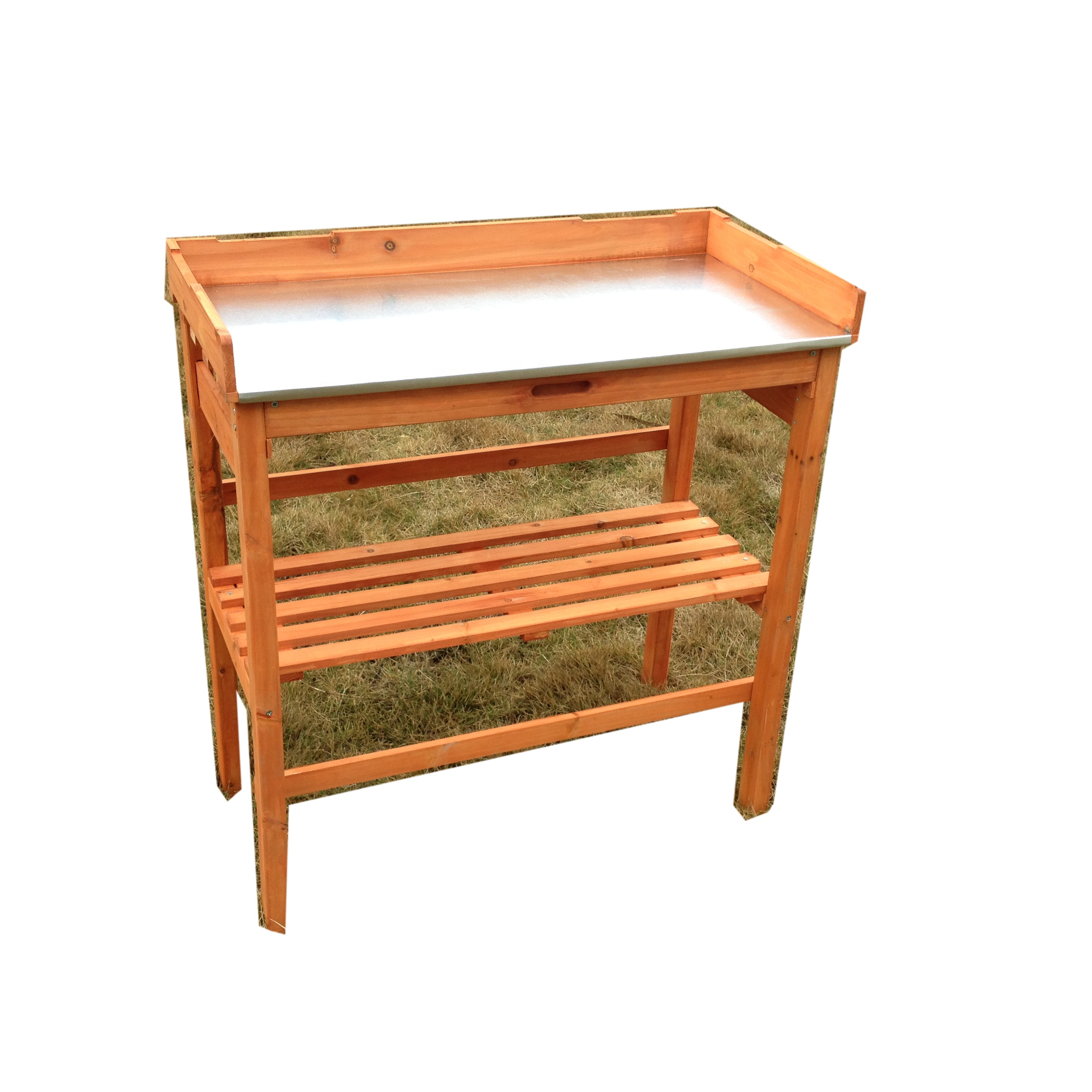 Mesa de trabalho de madeira, prateleira de armazenamento ao ar livre, mesa, vaso, banco, jardim, pia com ebook