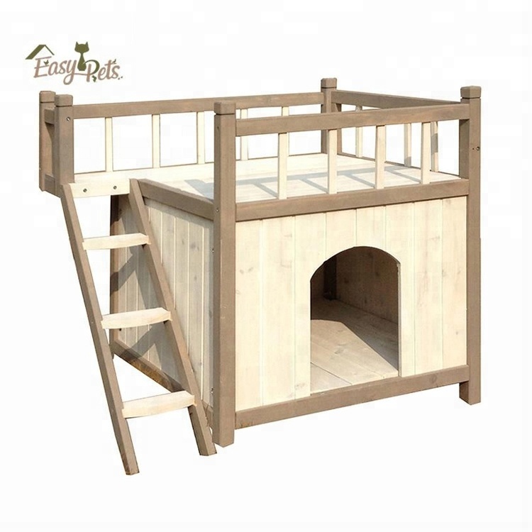 Open Raised Roof Balcony Bed House Design Outdoor Wooden  Dog Kennel pet caqe wholesale with ramp stairs