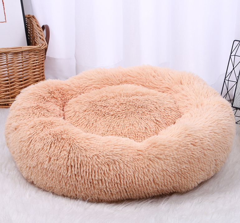 custom factory lucky Donut Round Cushion Dog Bed Marshmellow Faux Fur Cuddler Calming Fluffy Comfy Furry  Cat mat Pet Beds