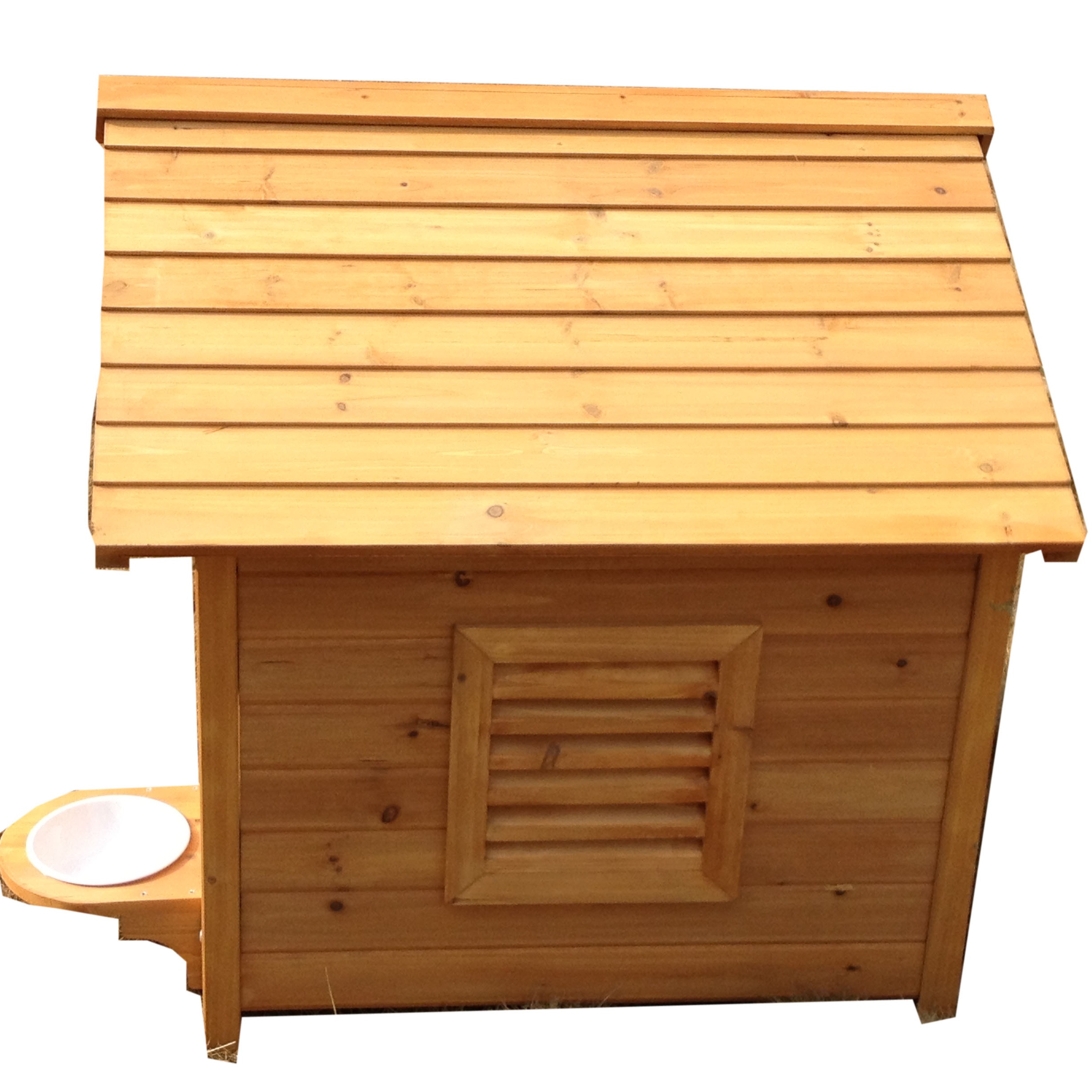 Custom handmade wooden double decker dog houses outdoors