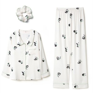 Lovely Panda Print Couples Silk Pajamas Set