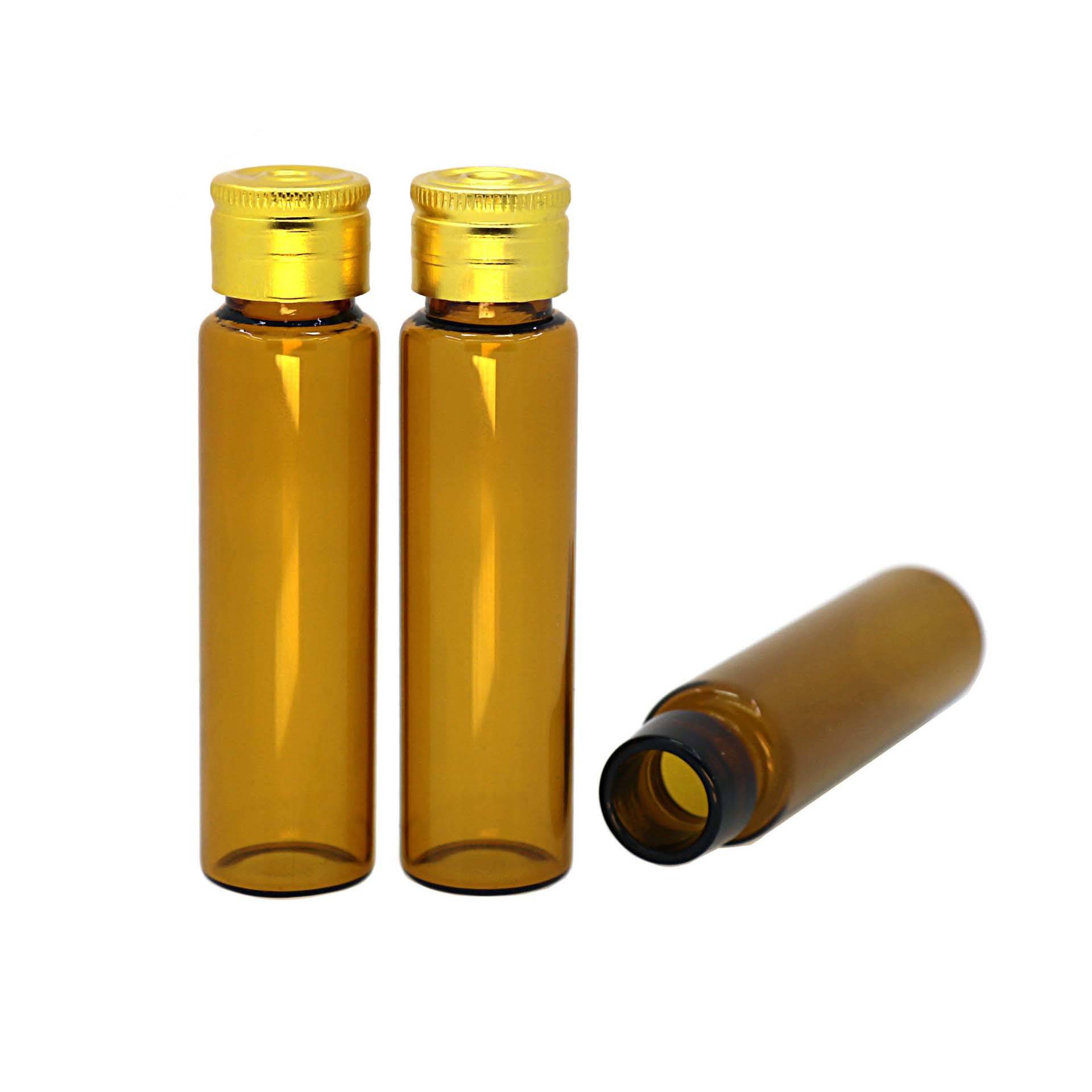 10ml pharmaceutical syrup liquid packing glass vials with gold aluminum cap ,  model C neck Featured Image