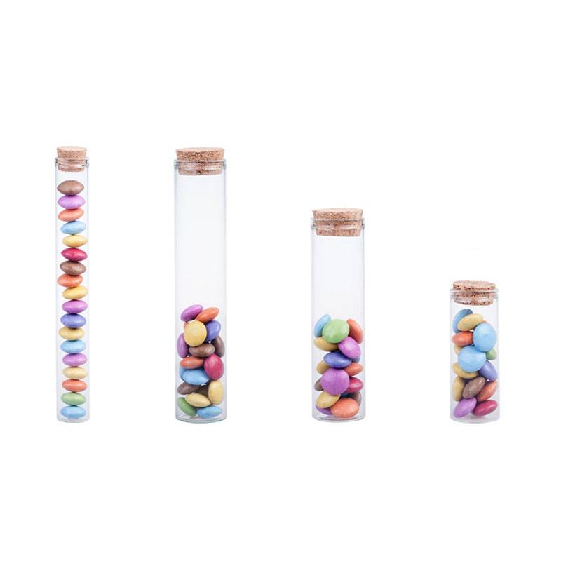 candy packing glass tube bottle with cork lid in flat botttom Featured Image