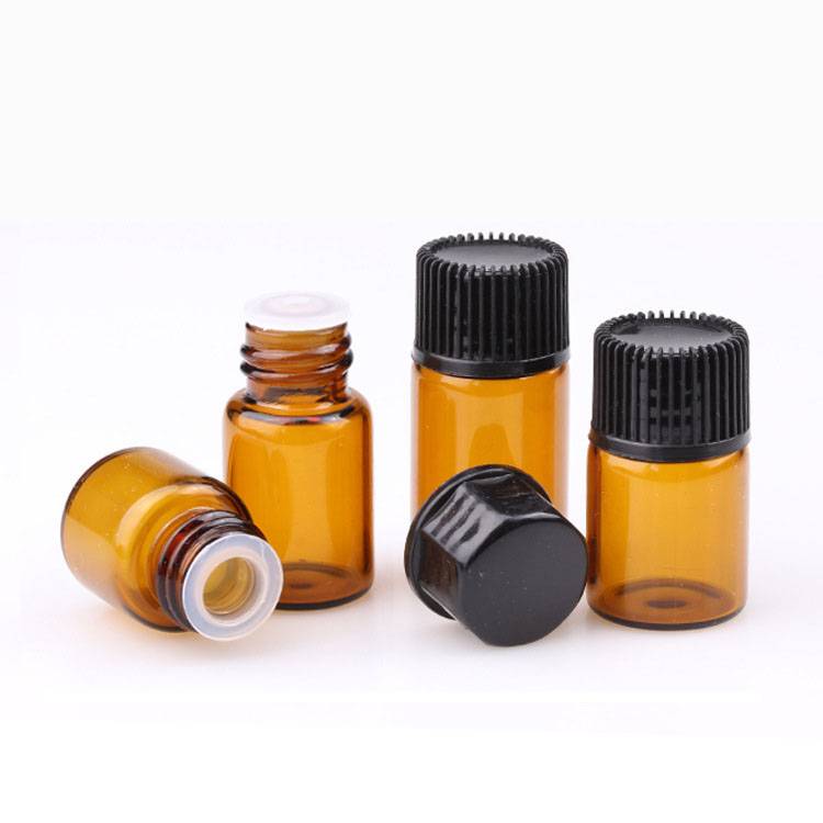 1ml 2ml 3ml 5ml amber essential oil packing glass vials with black plastic screw top cap Featured Image