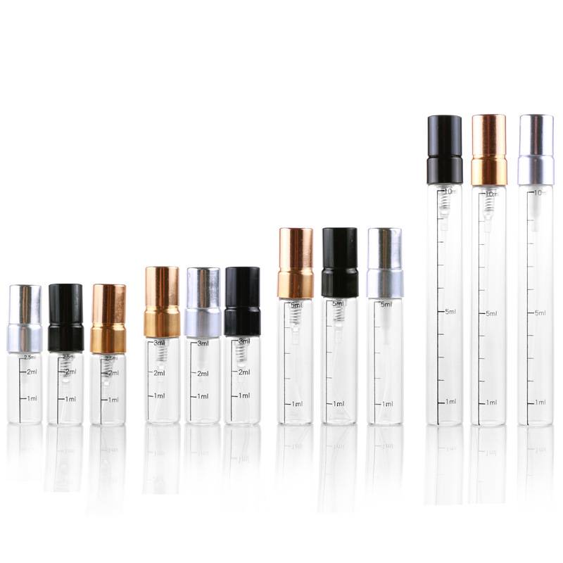 2.5ml 3ml 5ml 10ml perfume sample spray glass vials with aluminum pump sprayer Featured Image