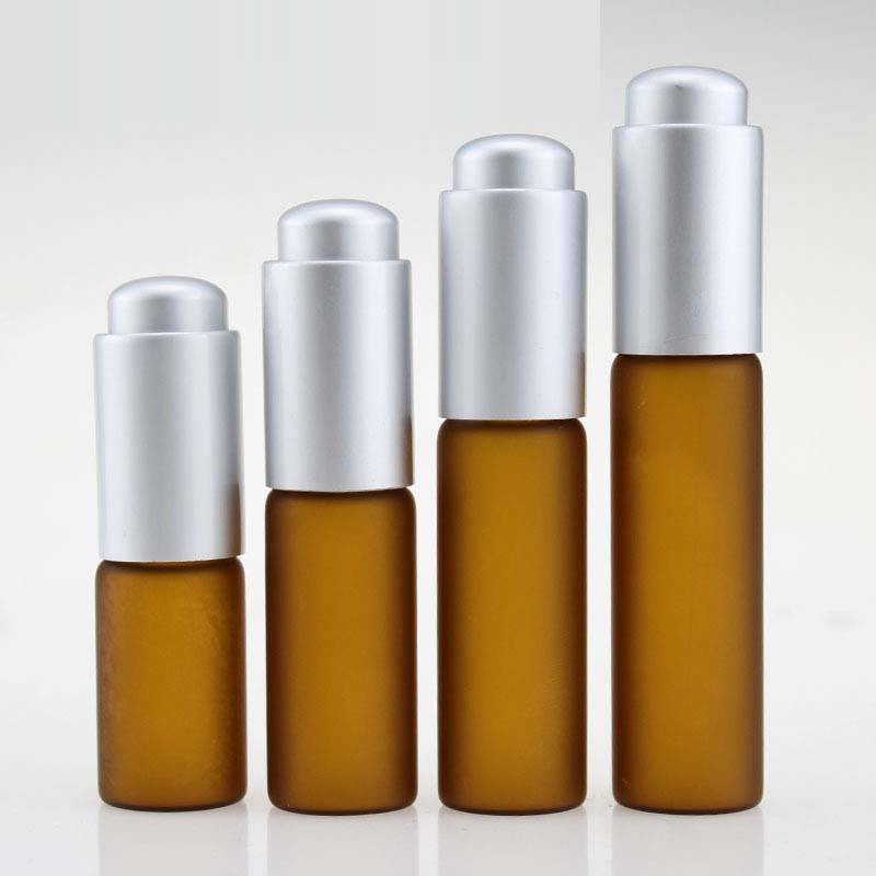 5ml 10ml 15ml 20ml frosted amber glass dropper vials with matte silver press dropper cap Featured Image
