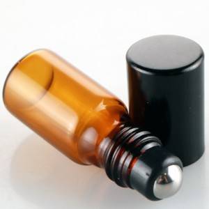 1ml amber glass roll on vials with black roller base and metal roller / glass roller