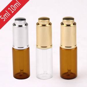 5ml 10ml dropper glass bottle with shiny gold or shiny silver press dropper cap