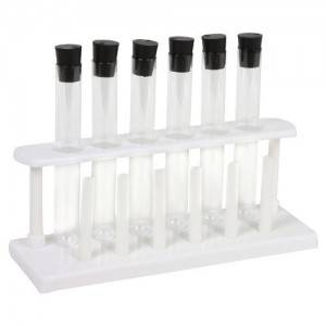 round bottom laboratory pyrex glass test tube with black rubber stopper
