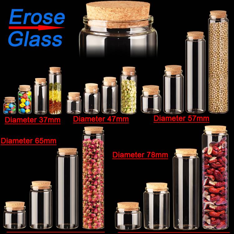 crimp neck clear borosilicate glass bottle with cork lid for packing tea leaf,  candy , food, seeds, sample, power, pills and so on. Featured Image