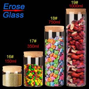 high borosilicate glass storage jar with cork lid from 80ml to 1000ml, and custom made you own special size and style.