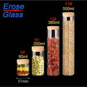 high borosilicate glass storage jar with cork lid from 80ml to 1000ml, and custom made you own special size and style.