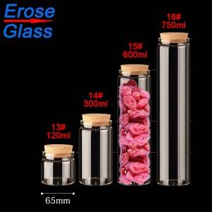 crimp neck clear borosilicate glass bottle with cork lid for packing tea leaf,  candy , food, seeds, sample, power, pills and so on.