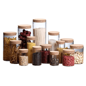 custom made different sizes high borosilicate glass storage jars with cork lid