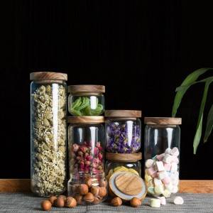 high borosilicate glass storage jar with wood sealing lid for tea, cookies, grains, food packing and storage