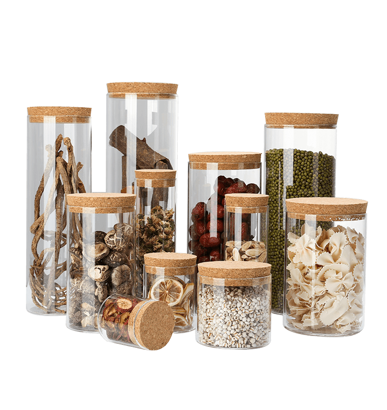 custom made different sizes high borosilicate glass storage jars with cork lid Featured Image