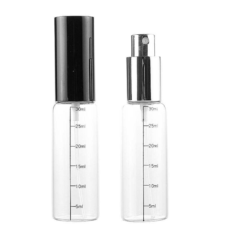 30ml clear glass perfume bottle with scale printing and screw pump sparyer Featured Image