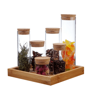 custom made different sizes high borosilicate glass storage jars with cork lid