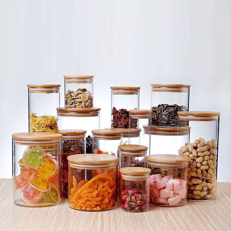 Vidro borosilicato Airtight vasilha com tampa de bambu e Jar Silicone Vedação de armazenamento Anel para Candy Chá Nuts Biscoito Cereal Featured Image